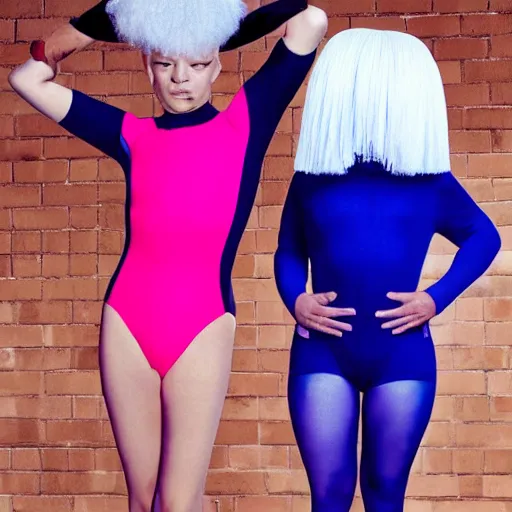 Image similar to Sia furler photoshoot wearing a leotard full body puffy sia wig