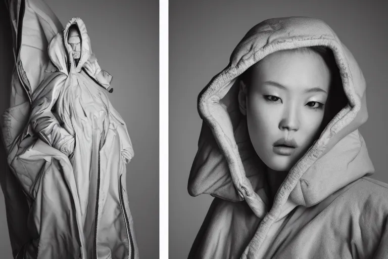 Image similar to well lit fashion shoot portrait of extremely beautiful female marble statue wearing huge over size puffer jacket by dingyun zhang, yeezy, balenciaga, vetements, a cold wall, sharp focus, clear, detailed,, cinematic, detailed, off white, glamourous, symmetrical, vogue, editorial, fashion, magazine shoot, glossy