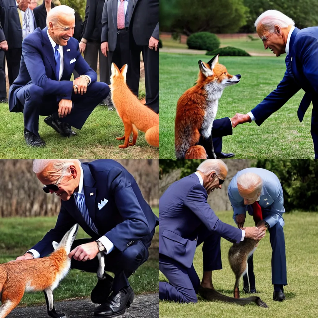 Prompt: Joe Biden bending down to pet a fox