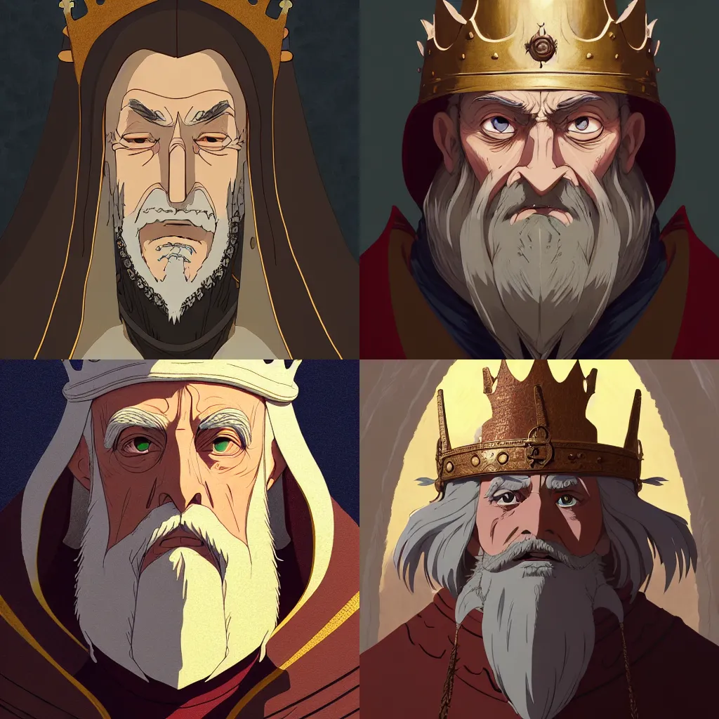 Image similar to portrait of a medieval old king, artstation, cartoon, elegant, highly detailed, digital painting, concept art, smooth, sharp focus, illustration, art by studio ghibli, makoto shinkai, don bluth, fujita goro, jean giraud, atey ghailan, akihiko yoshida, tom whalen, anton fadeev 8 k