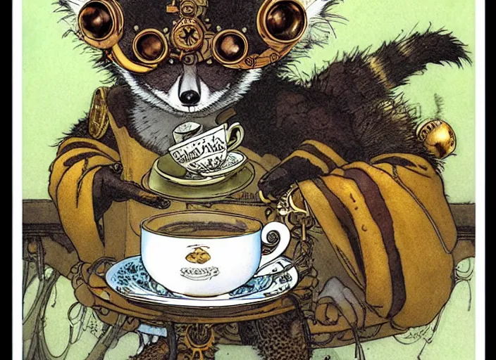 Image similar to an steampunk lemur having a cup of tea, muted colors, by rebecca guay, michael kaluta, charles vess and jean moebius giraud