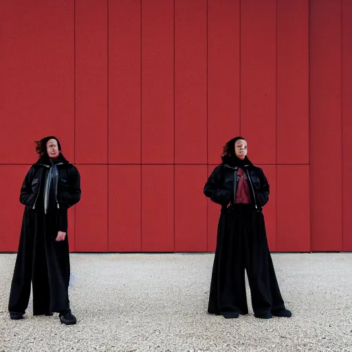 Image similar to photographic portrait of 2 clones in front of a brutalist metal building, 2 techwear women, on a desolate plain, red sky, black oversized clothes, sigma 8 5 mm f / 1. 4, 4 k, depth of field, high resolution, 4 k, 8 k, hd, full color