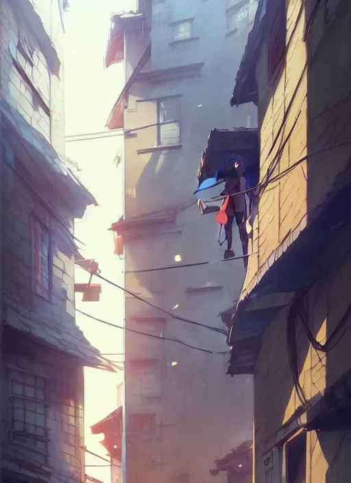 Image similar to 2 face - to - face window above a narrow street. illustration concept art anime key visual trending pixiv fanbox by wlop and greg rutkowski and makoto shinkai and studio ghibli