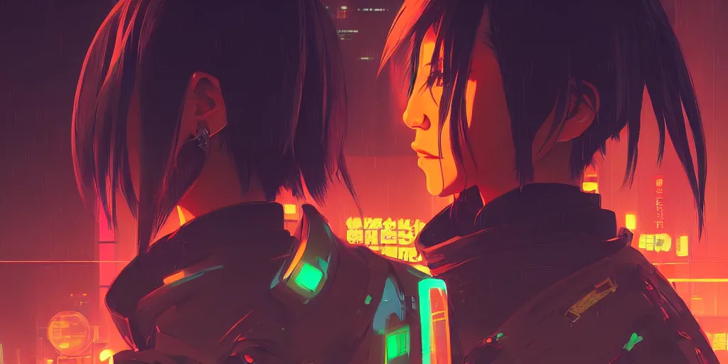 Image similar to digital illustration closeup portrait of cyberpunk samurai in city street at night by makoto shinkai, ilya kuvshinov, lois van baarle, rossdraws, basquiat | afrofuturism, in the style of hearthstone, trending on artstation | cool color scheme