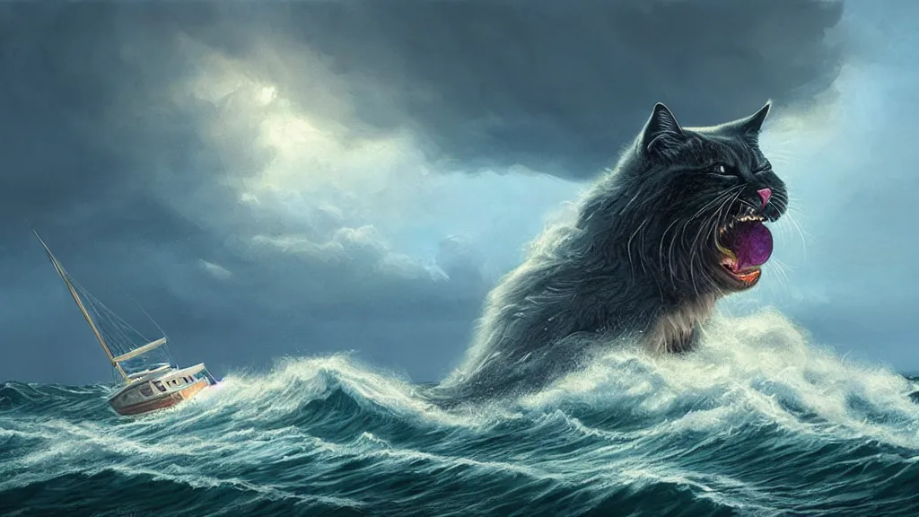 Image similar to a gigantic cat bursting out of a stormy sea attacking a small sail boat, wet fur, giant waves, sunbeams in background, intricate, detailed, volumetric lighting, sharp focus, scenery, photorealism, digital painting, highly detailed, concept art, by simon stalenhag and mark brooks