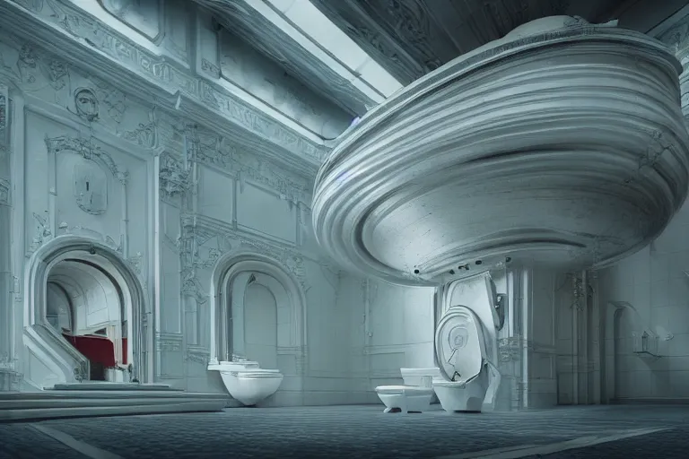 Image similar to hyperrealism aesthetic ridley scott photography of detailed ultra huge toilet in surreal scene from detailed art house movie in style of denis villeneuve and wes anderson