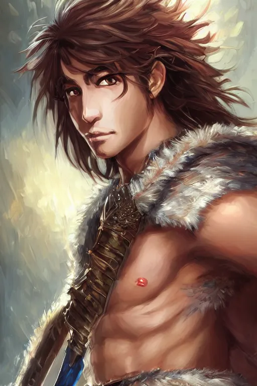 Prompt: A realistic anime portrait of a young handsome male barbarian with long wild hair, intricate fantasy spear, plated armor, D&D, dungeons and dragons, tabletop role playing game, rpg, jrpg, digital painting, by Stanley Artgerm Lau, Sakimichan, WLOP and Rossdraws, digtial painting, trending on ArtStation, SFW version