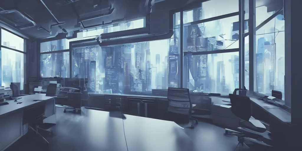 Prompt: interior shot of office cinematic shot with windows cyberpunk, hyper detailed, artstation, 8k