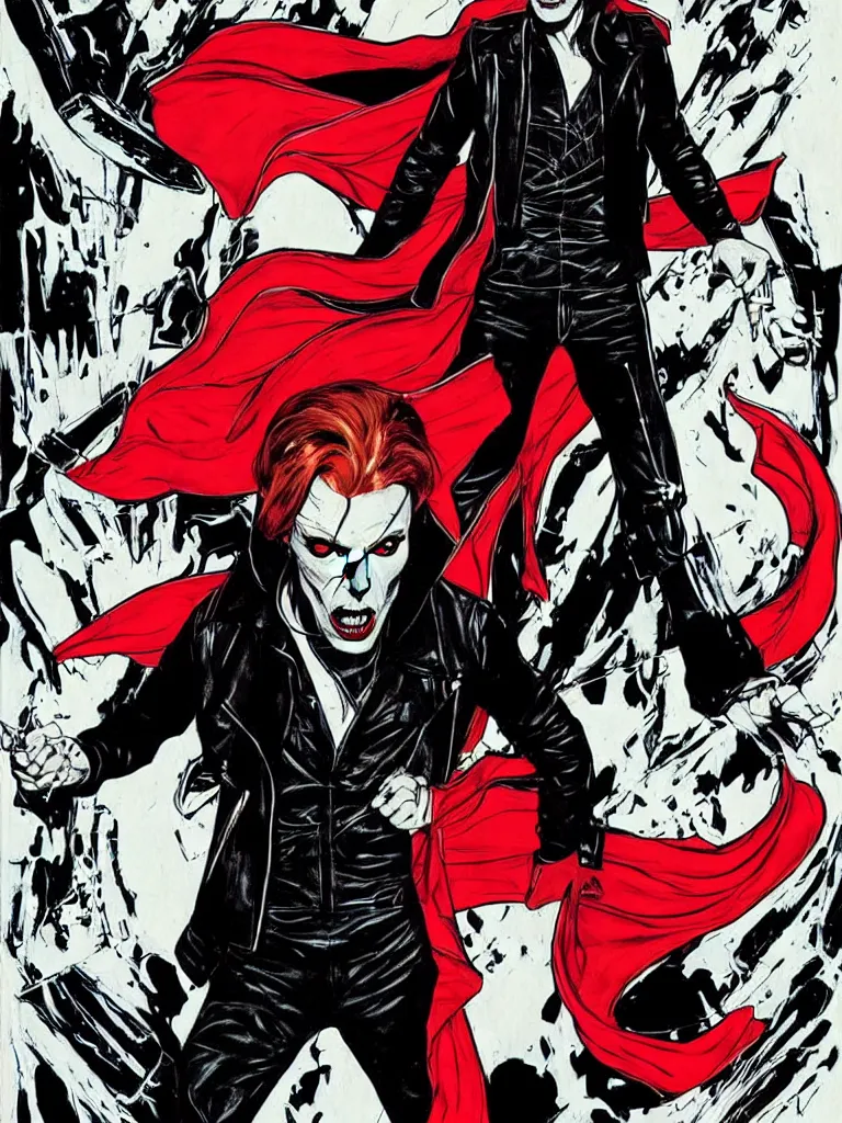 Prompt: Rafael Albuquerque comic art, art nouveau, David Bowie, vampire, sharp teeth, leather jacket, jeans, long red hair, full body