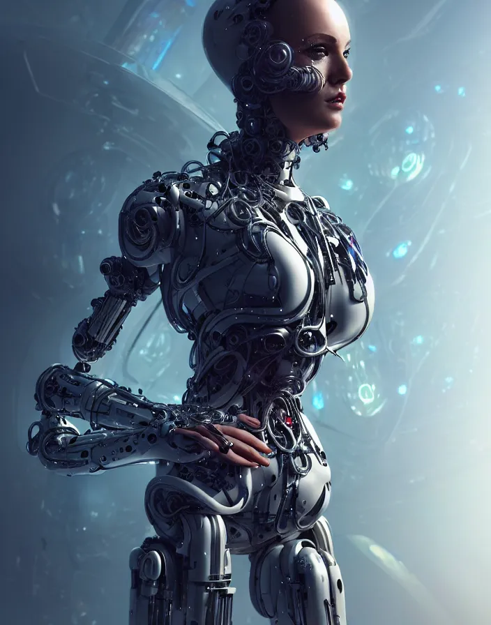 Image similar to full lenght shot, super hero pose, woman in biomechanical dress, inflateble shapes, wearing epic bionic cyborg implants, masterpiece, intricate, biopunk futuristic wardrobe, highly detailed, artstation, concept art, background galaxy, cyberpunk, octane render