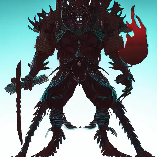 Prompt: a giant oni villain, similar to aku from samurai jack, epic d & d art, highly detailed, hq, trending on artstation, cyberpunk, retrowave, epic, dark fantasy