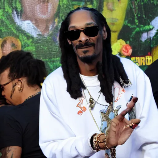 Image similar to Snoop Dog with big eyes eye color red , smiling and holding a joint in his hand