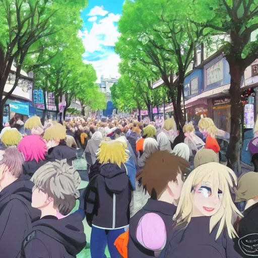 Image similar to blonde - haired princess, anime princess, wearing black jacket and white leggings, looking through crowd, town street, festival street, trees, green trees, blue lighting, blue sunshine, strong lighting, strong shadows, vivid hues, ultra - realistic, sharp details, subsurface scattering, intricate details, hd anime, 2 0 1 9 anime