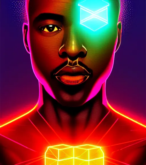 Image similar to symmetry!! african prince of technology, solid cube of light, hard edges, product render retro - futuristic poster scifi, lasers and neon circuits, dark skin man african prince, intricate, elegant, highly detailed, digital painting, artstation, concept art, smooth, sharp focus, illustration, dreamlike, art by artgerm