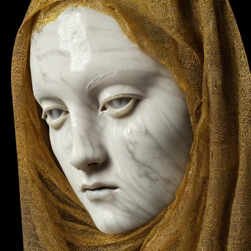 Prompt: a masterpiece marble sculpture of the veiled virgin, subsurface cracks, !dramatic !face, !female, covered in intricate !detailed golden !!streaked veil , physically based rendering, ultra photo realistic , dark background by Dan Hillier