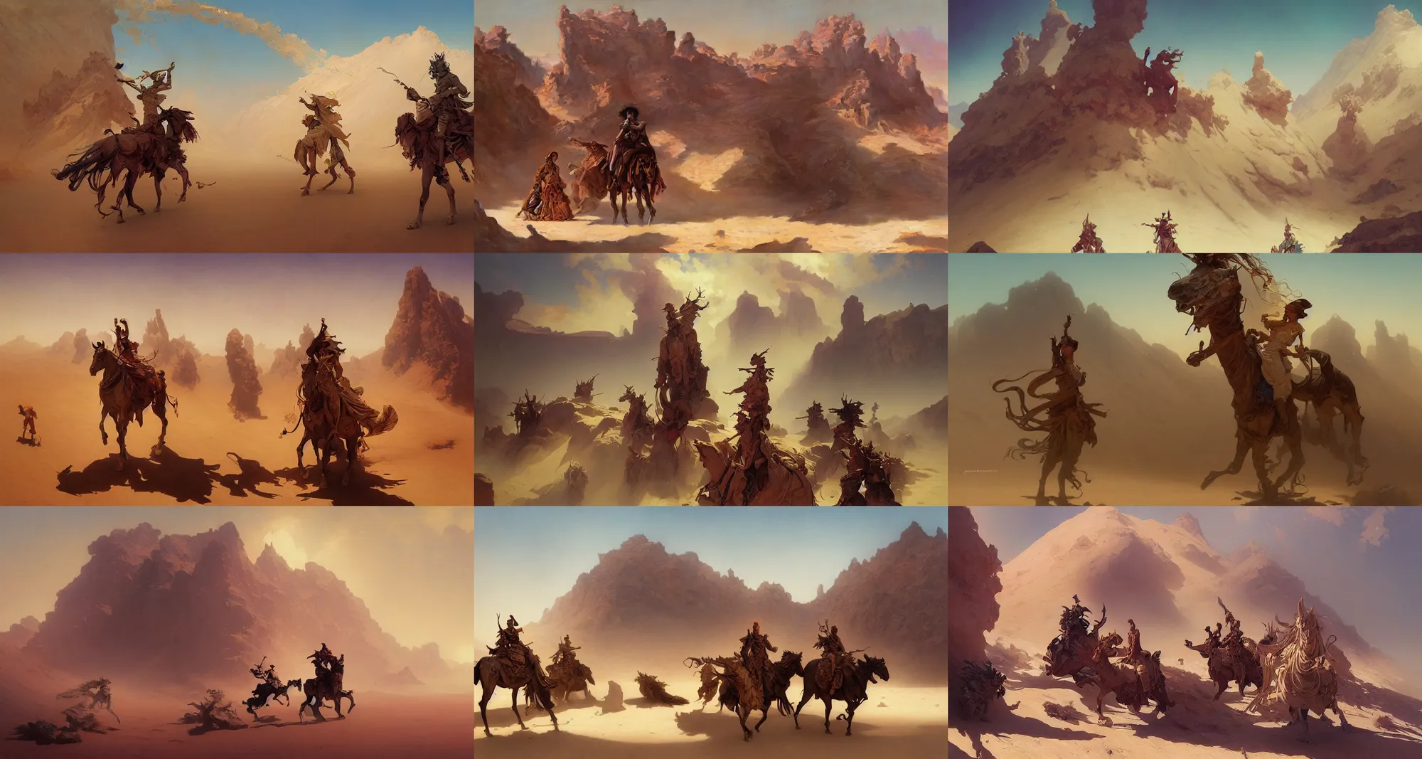 Prompt: desert, art by joseph leyendecker, peter mohrbacher, ivan aivazovsky, ruan jia, reza afshar, marc simonetti, alphonse mucha