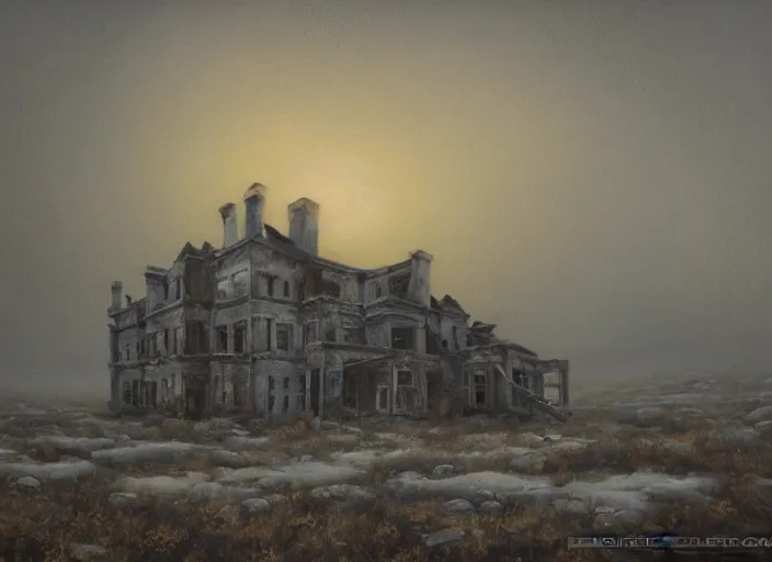Prompt: landscape painting of a creepy decrepit mansion in the middle of a desolate tundra, post apocalyptic, at dusk, hazy atmosphere