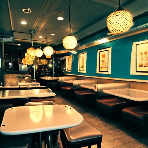 Image similar to inside of a diner with jellyfish lampshades, polka dot tables, cozy lighting, late night, photo