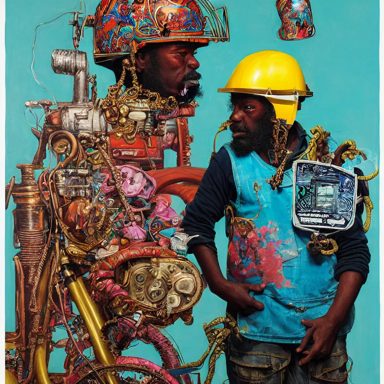 Image similar to portrait of a caribbean welder in ornate motorcycle helmet, background turquoise plastic bag, circuitboard, rich deep colors, ultra detail, by francis bacon, james ginn, petra courtright, jenny saville, gerhard richter, zdzisaw beksinsk, takato yamamoto. stanley kubrick mood, masterpiece, elegant fashion, studio ighting, 3 5 mm