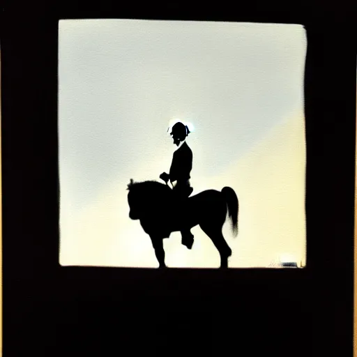 Image similar to a painting of a silhouette of a cowboy riding a horse into the dark horizon, high contrast, black and blue color scheme, dark, creepy, night, far away, in the distance, in the style of Norman Rockwell