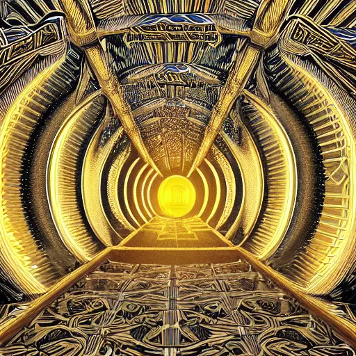 Image similar to vivid illustration of a person choosing between tunnels inside a highly intricate torus with detailed golden ornamentation and golden light, choosing between pathways