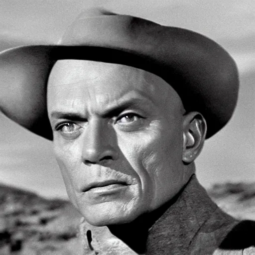 Image similar to a cinematic still of a disembodied head of Yul Brynner judging and scowling at the village that lives on the land below him