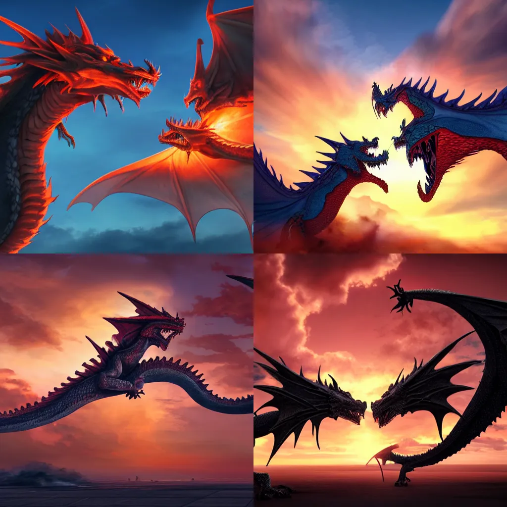 Prompt: Two dragons fighting, breathing fire in the sky, sunset in background, hyperrealism, trending on artstation, 8k