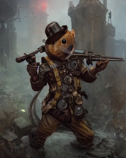 Image similar to oil painting of anthropomorphized hamster holding Rifle, steampunk clothes, close shot, full body, dark steampunk mine shaft background, sharp focus, fantasy style, octane render, volumetric lighting, 8k high definition, by greg rutkowski, highly detailed, trending on art Station, dungeons and dragons artwork, centered