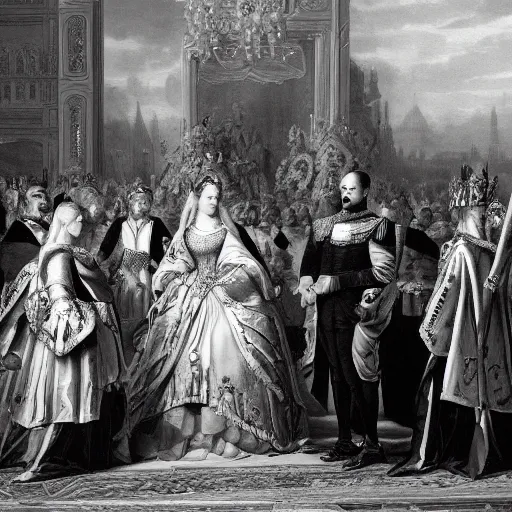 Image similar to Black and White photo of a Royal Procession, the Queen holding hands with the Devil, 4k, highly detailed, 1852