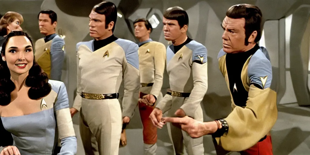 Image similar to a scene from Trouble with Tribbles!!! an episode of the original Star Trek series, with Gal Gadot, in Starfleet uniform, in the role of Captain Kirk