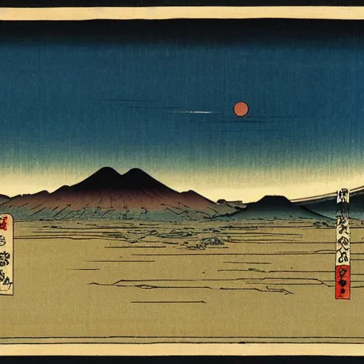 Prompt: hiroshige style, environment, post apocalypse, landscape, wasteland, desert