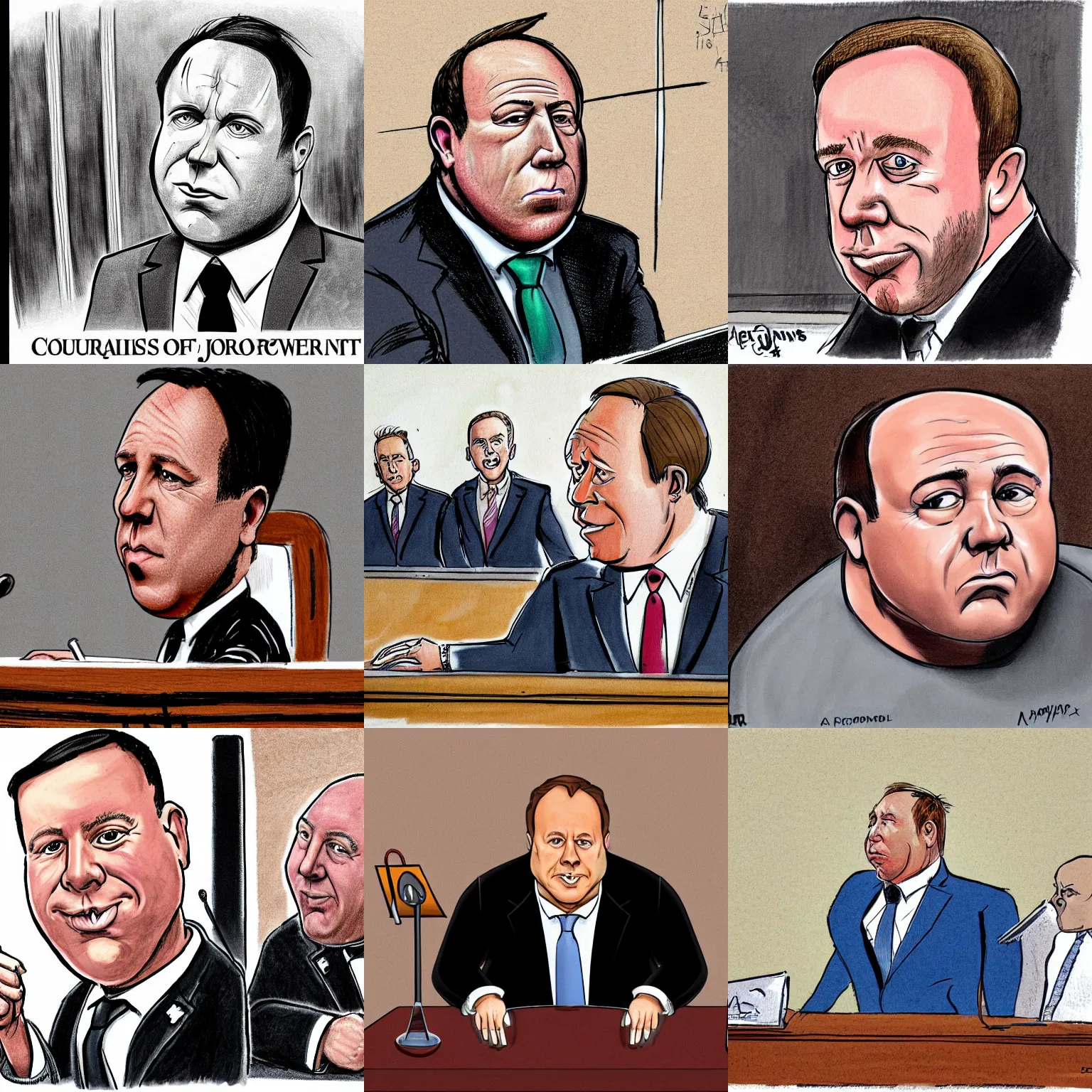 Prompt: caricature of alex jones in court illustrated by Tom Richmond