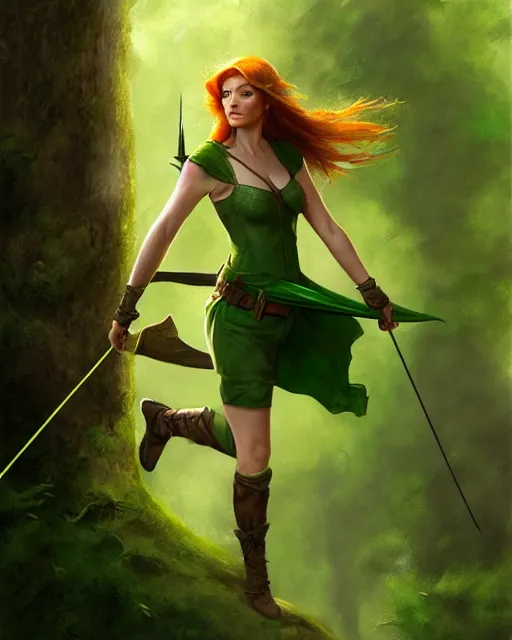Image similar to female robin hood in sherwood forest, perfect face, green halter top, ginger hair, green eyes, cinematic, stunning, agile, highly detailed, digital painting, artstation, smooth, hard focus, illustration, art by jessica rossier and and brian froud