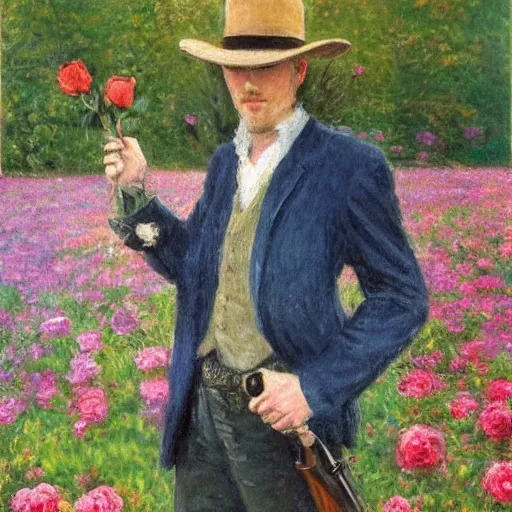 Prompt: an impressionist painting of a tall man with blue eyes that is wearing a wide brim hat and a leather vest. He is holding a revolver in his left hand and a rose is in his right hand. He is standing in a field of roses.