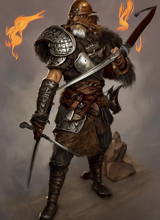 Image similar to strong young man, photorealistic bugbear ranger holding sword, fire magic, black beard, dungeons and dragons, pathfinder, roleplaying game art, hunters gear, jeweled ornate leather and steel armour, concept art, character design on white background, by sargent, norman rockwell, makoto shinkai, kim jung giu, artstation trending, poster art, colours red and green