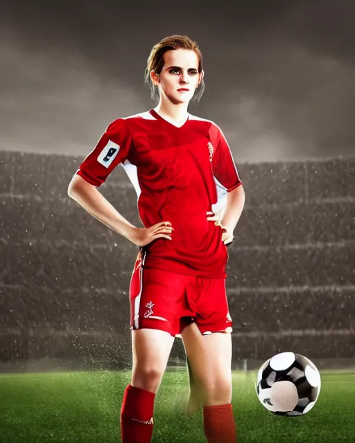 Image similar to a portrait of emma watson as a lokomotiv football player, hyper realistic