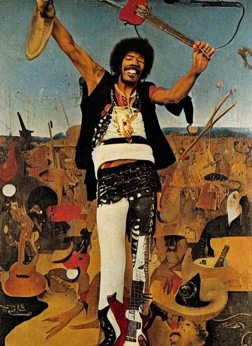 Image similar to jimy hendrix at woodstock by hieronymus bosch