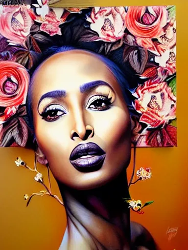 Image similar to portrait of iman with a floral background : : painted by artgerm, karol bak, artur bordalo, sandra chevrier : : portrait, character, illustration, hyperrealism, photorealism