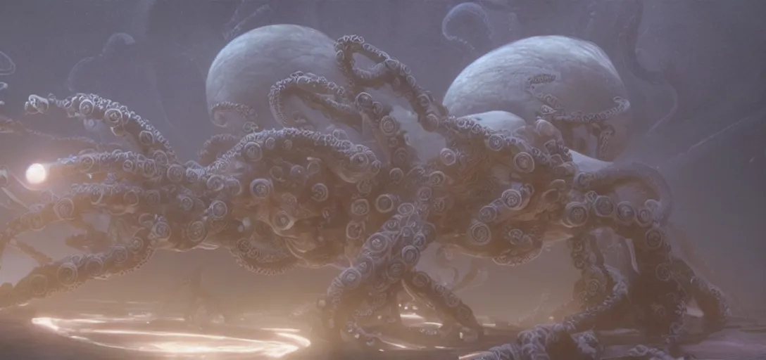 Image similar to a robotic octopus'tentacles wrapped around jupiter, foggy, cinematic shot, photo still from movie by denis villeneuve, wayne barlowe