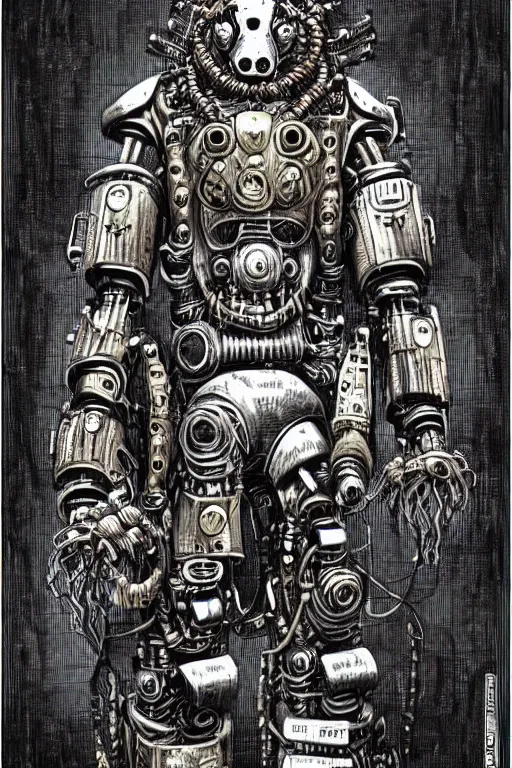 Image similar to wild monstorous anthropomorphic biomechanical bear warrior wearing dreadlocks made of cables and wires. Upgraded with hightech cyberwares. huge, big, giant bear human hybrid, mecha animal, tall, detailed woodcut armor, terrifying and dangerous, scary, beautiful, steampunk monster android hybrid art portrait, matte scifi fantasy painting, half robot half bear. DeviantArt Artstation, by Jason Felix by Steve Argyle by Tyler Jacobson by Peter Mohrbacher, cinematic lighting