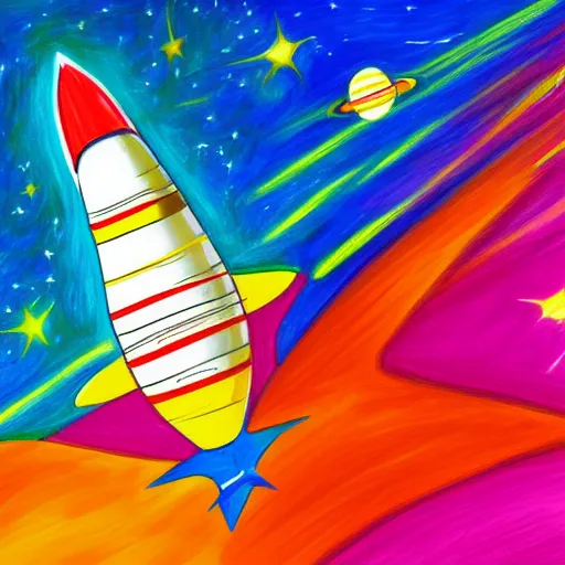 Image similar to a painting of a rocket ship flying through space, a child's drawing by Peter Max, behance contest winner, space art, behance hd, photoillustration, childs drawing