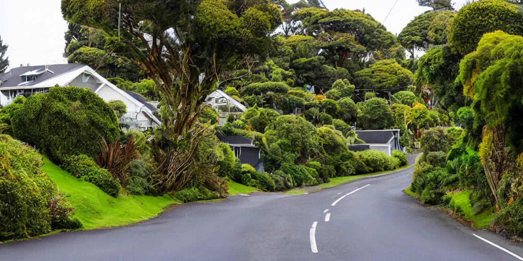 Image similar to a suburban street in wellington, new zealand. quaint cottages interspersed with an ancient remnant lowland podocarp broadleaf forest full of enormous trees with astelia epiphytes and vines. rimu, kahikatea, cabbage trees, manuka, tawa trees, rata. stormy windy day. landscape photography 4 k. stream in foreground