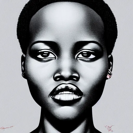 Image similar to a hyper - stylized portrait of lupita nyongo drawn by aleksander rostov, detailed, coherent, inspired by disco elysium