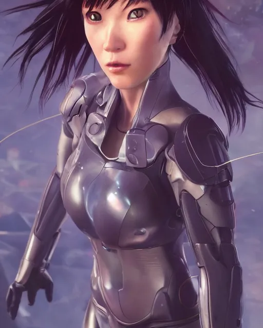 Image similar to weta disney pixar movie still portrait photo of motoko kusanagi ghost in the shell : : as cyborg woman by pixar : : by weta, wlop, ilya kuvshinov, rossdraws, artgerm, marvel, maxim cover, latex, octane render, sweaty, iridescent, bright morning, anime, liosh, mucha : :