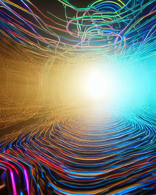 Image similar to intricate maze of rainbow-colored circuitry that extends into the distance. volumetric light , Highly detailed perfectly symmetrical , PBR , high detail,8k resolution , hyper quality , high resolution , hyper quality , high resolution , Octane render , IMAX 3D