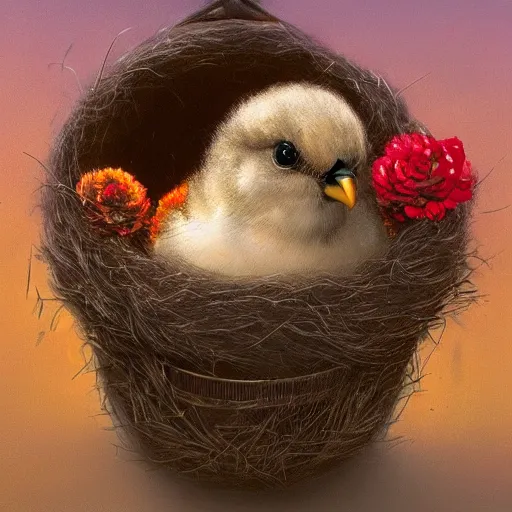 Image similar to long shot of a very fluffy sparrow chick nesting in a floral cup, esao andrews, by m. w. kaluta, humorous illustration, hyperrealistic, tilt shift, warm colors, night scenery, low light, 3 d octane render, 4 k, volumetric lights, smooth, cosy atmosphere, conceptart, hyperdetailed, trending on deviantart