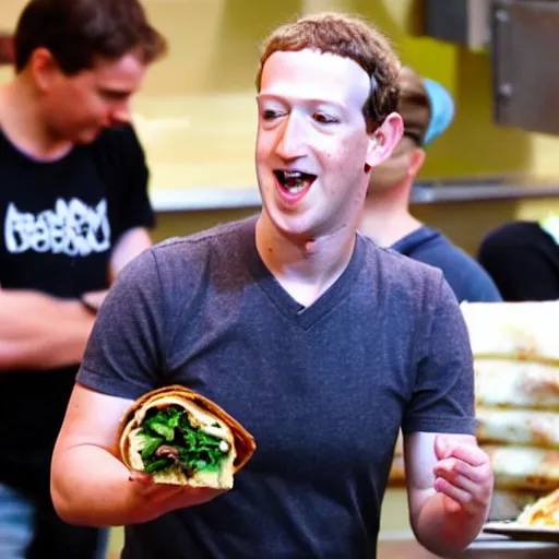 Prompt: photograph of Mark Zuckerberg eating an extremely large burrito