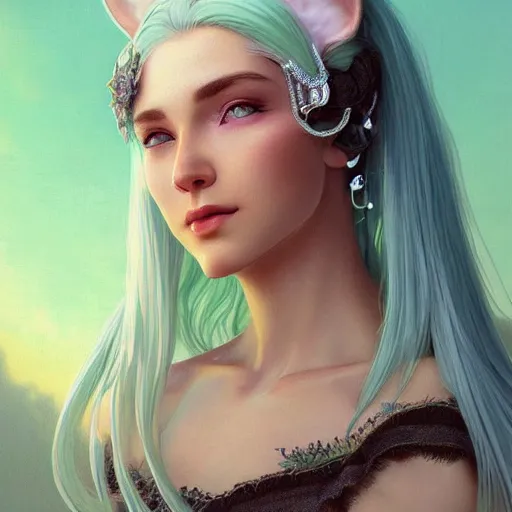 Image similar to ultra realistic illustration, dream girl with white hair, with light green eyes, with cat ears, in a sundress, intricate, elegant, highly detailed, digital painting, artstation, concept art, smooth, sharp focus, illustration, art by artgerm and greg rutkowski and alphonse mucha