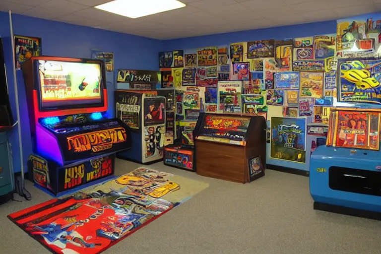 Image similar to photo of a 1 9 8 0 s video game room