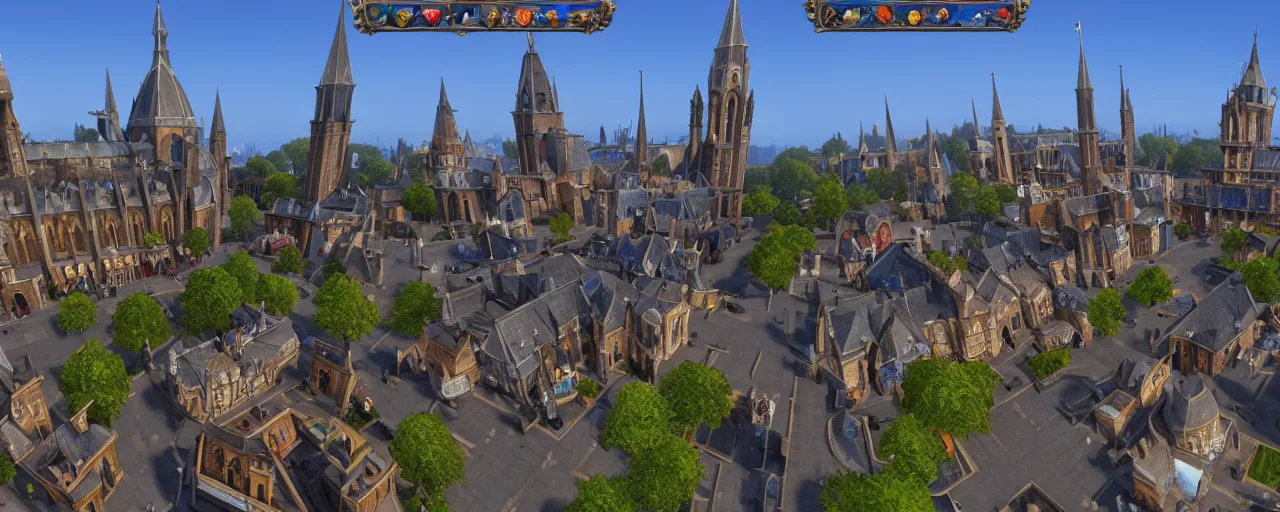 Image similar to 360 view of Cathedral Square in Stormwind City, panorama, unreal engine, 8k resolution